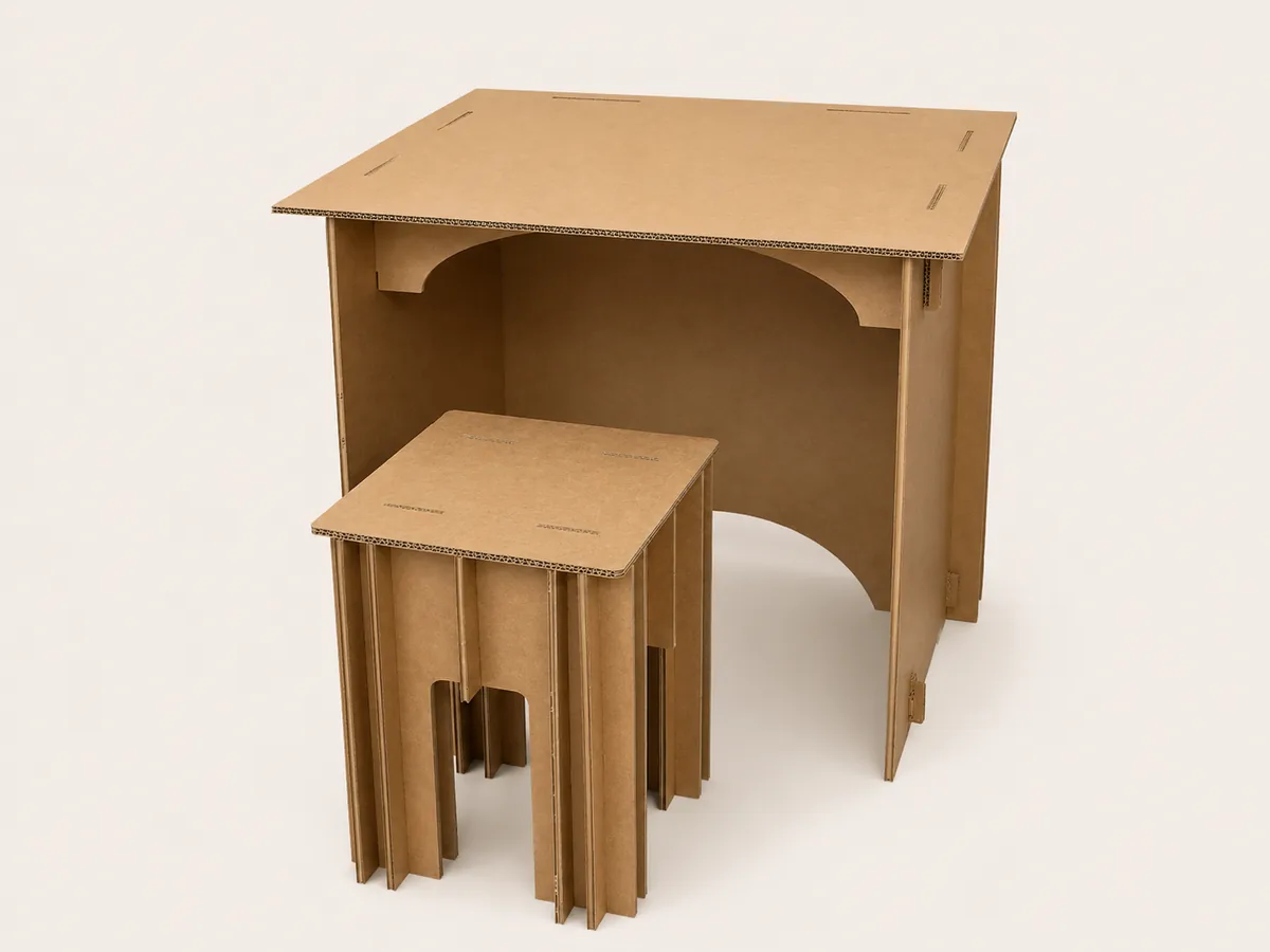 Bureau et tabouret en carton alvéolaire